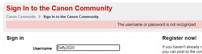 Canon Forum Login details not recognised 2020-10 20th.PNG